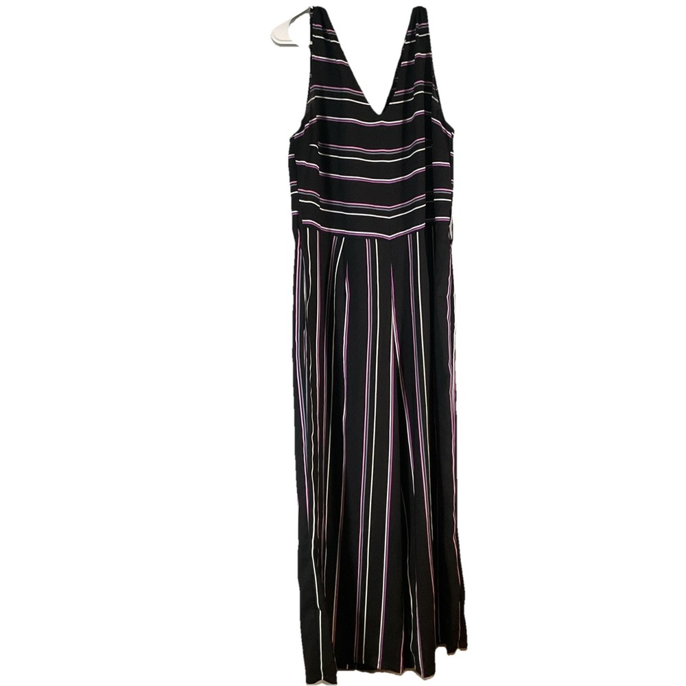 Worthington Jumpsuit Romper Women Size 12 Black w/Stripes Belted Waist F86